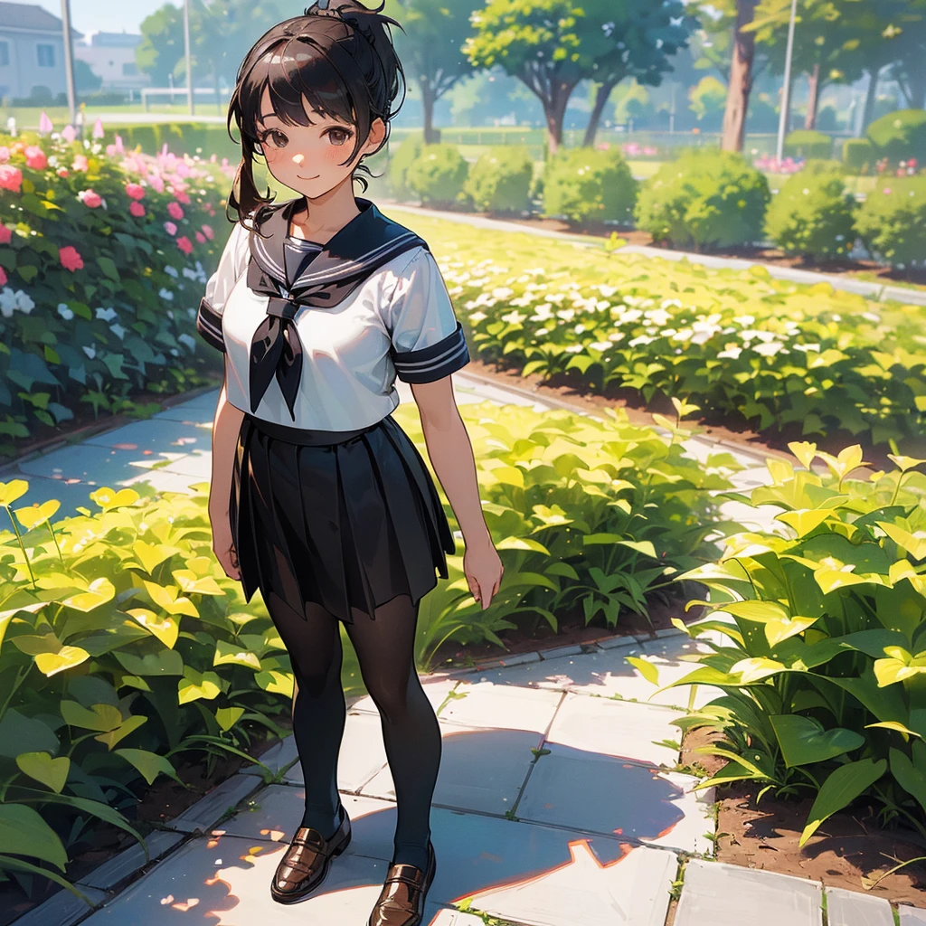 (Highest quality, High resolution, Very detailed, Realistic:1.37), Peaceful atmosphere, (Outdoor, garden), Teenage girl standing alone, Beautiful and detailed features, Cute Smile, ((Black ponytail)),Short-sleeved sailor uniform, Pleated skirt,Black tights,Brown leather shoes.