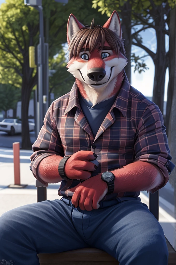 Ivan Fedorovich Wolfbach (Novosibirsk) ,tall handsome, wolf,young, 24 years, brown fur,Kind,(red body:1.3),beautiful blue eyes,Novosibirsk,dressed, plaid shirt, jeans,dear Joachim,canine, wolf, detailed fur, male, second, paw pads, finger claws,At the viewer, 5 fingers, paws, 5 fingers, smile, wrist watch, т nextel,by xenoforge, (difficult, high detail, digital photography, soft focus, RAW,goes for a walk, ,Very close to the camera, variety,Novosibirsk, smile, good mood, positive, Very close to the camera, plaid shirt, in dentistry,hair, brunette bangs, , covered, 
Photorealism, realistic, photorealistic, digital style, Subsurface scattering,I look at the viewer,is sitting, waiting for the doctor, of the brown car, perfume perfumery, plaid shirt, cuts his hair, 
masterpiece, Best quality, ultra realistic, 8 thousand.)