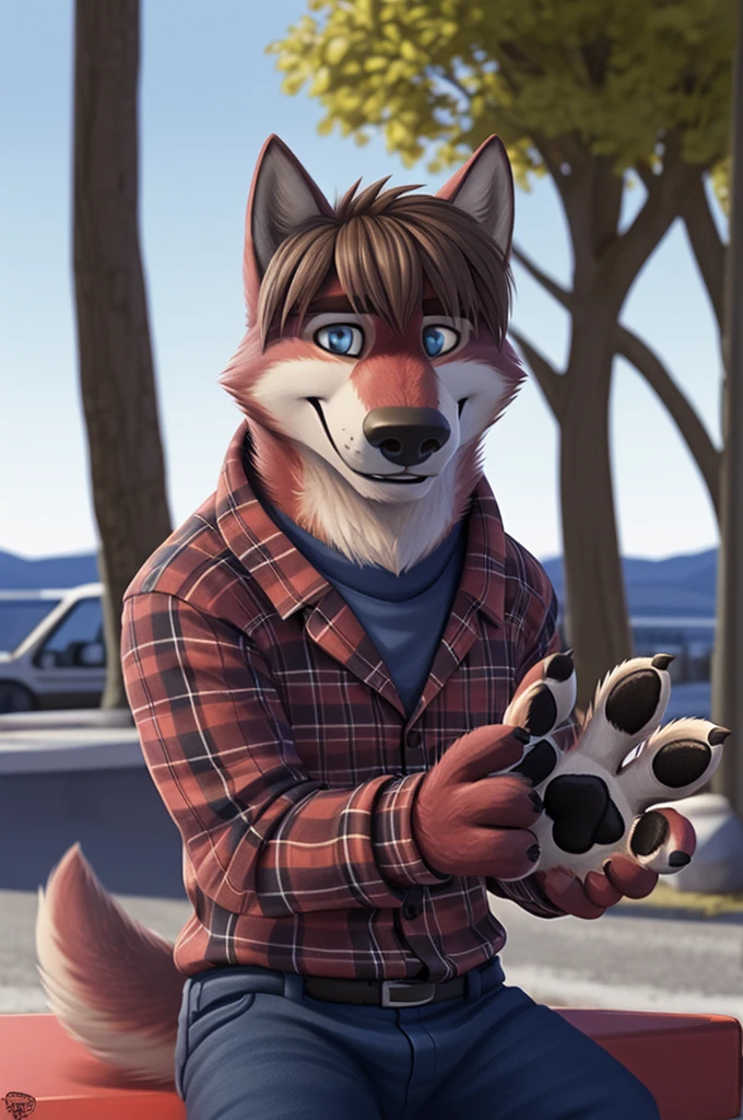 Ivan Fedorovich Wolfbach (Novosibirsk) ,tall handsome, wolf,young, 24 years, brown fur,Kind,(red body:1.3),beautiful blue eyes,Novosibirsk,dressed, plaid shirt, jeans,dear Joachim,canine, wolf, detailed fur, male, second, paw pads, finger claws,At the viewer, 5 fingers, paws, 5 fingers, smile, wrist watch, т nextel,by xenoforge, (difficult, high detail, digital photography, soft focus, RAW,goes for a walk, ,Very close to the camera, variety,Novosibirsk, smile, good mood, positive, Very close to the camera, plaid shirt, in dentistry,hair, brunette bangs, , covered, 
Photorealism, realistic, photorealistic, digital style, Subsurface tering,I look at the viewer,is sitting, waiting for the doctor, of the brown car, perfume perfumery, plaid shirt, cuts his hair, 
masterpiece, Best quality, ultra realistic, 8 thousand.)