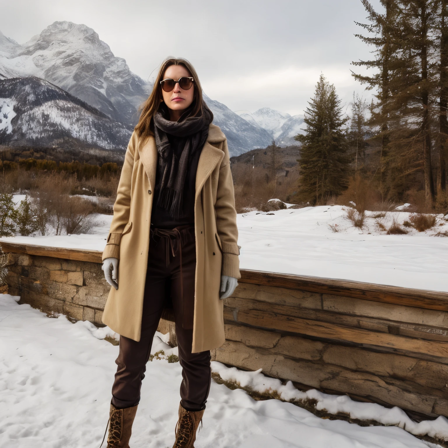 Now, envision Woman LaGermania in worn and dilapidated winter attire amidst the snowy Italian Alps. Her coat, once a deep forest green, is now faded and patched, with frayed fur trim hanging unevenly. It sags on her shoulders, losing its former elegance and warmth. Underneath, she wears a bulky sweater, pilled and stretched from years of wear, its ivory color now dull and mottled. Her trousers are baggy and worn at the knees, lacking the sleekness and refinement of their former days. The boots she wears are scuffed and worn, their once-sturdy leather cracked and weather-beaten, failing to protect against the cold. Accessories include mismatched gloves, one missing fingers and the other with unraveling seams, a faded scarf with frayed edges, and scratched sunglasses that obscure rather than protect. Her hair is windblown and tangled, contrasting sharply with the pristine snow around her, highlighting the neglect and disrepair of her outfit.