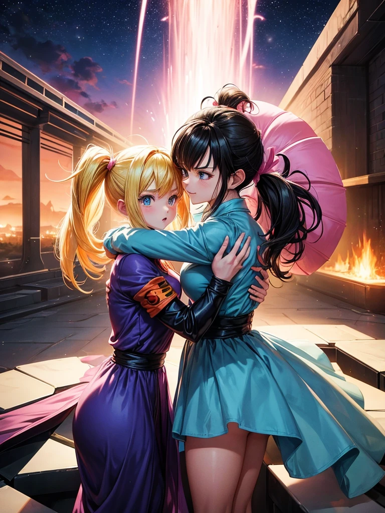 A couple of friends hugging in an emotional farewell atmosphere, next to a spaceship. The boy is tall and adult, with black hair and black eyes, wearing a Dragon Ball Z style battle suit. The girl is tall and has blonde hair, blue eyes, and has two pigtails falling over her shoulders decorated with pink ribbons. She wears a pink jumpsuit dress. The art should capture the iconic style of Dragon Ball Z, with an atmosphere that reflects the emotion and sadness of the moment of farewell.