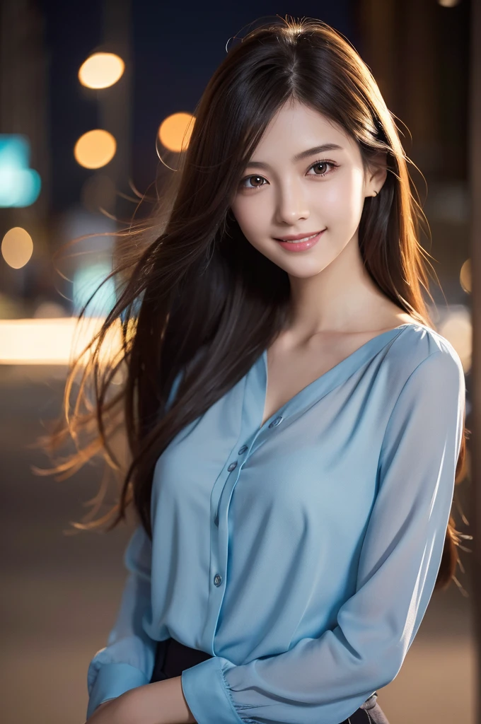 1girl,(wearing a blue blouse:1.2),(RAW photo, best quality), (realistic, photo-realistic:1.4), masterpiece, an extremely delicate and beautiful, extremely detailed, 2k wallpaper, Amazing, finely detail, extremely detailed CG unity 8k wallpaper, ultra-detailed, highres, soft light, beautiful detailed girl, extremely detailed eyes and face, beautiful detailed nose, beautiful detailed eyes,cinematic lighting,city lights at night,perfect anatomy,slender body,smiling