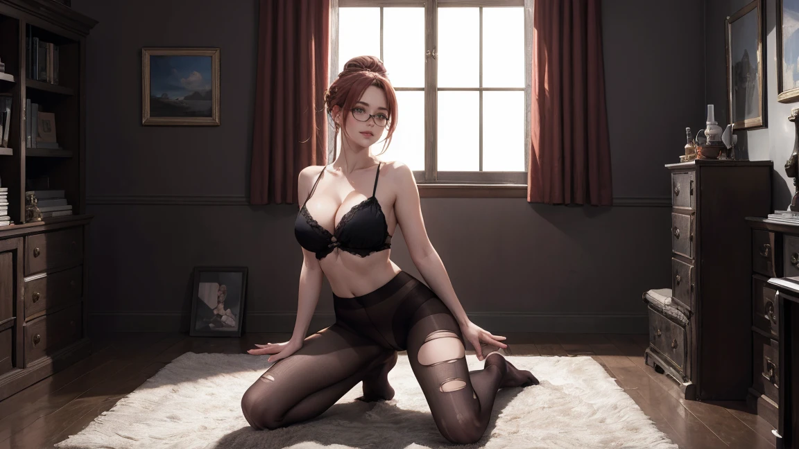 masterpiece, best quality, Practical, 8K, official art, Movie Lighting, Ultra-high resolution, 1 Girl , torn pantyhose, bedroom, Sunlight, Looking at the audience, huge breasts,Cleavage,Low-cut,Long legs,wear glasses,updo hair,Kneeling