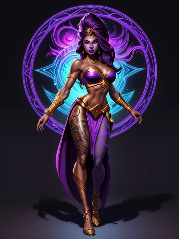 League of Legends character, Sorceress, 25 years old, dark skin, dark skinned female, long purple hair, purple eyes, purple lips, purple eyeliner, covered in tattoos, (Wearing: strapless top, loincloth, golden bracelets1.2). Whole body, Casual pose, Beautiful pose, (Extremely detailed CG 8k wallpaper), (Extremely delicate and beautiful), (Masterpiece), (Best quality: 1.0), (Ultra-high resolution: 1.0), Beautiful lighting, Perfect lighting, Realistic shadows, [high resolution], Detailed skin, Super detailed (((Colorful))), Digital art, League of Legends concept art, full body concept art, Expert concept art with high detail, concept-art, rpg game concept art, concept-art, Vonka Xu style, Video game concept art, 4K, full body portrait
