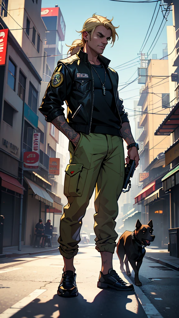 GTAV Loading Screen 2D Graphics, wide angle, whole body, blonde girl standing , holding a chiwawa and a pitbull on a chain with a leash, GTA5 character, cinematographic composition, in front of a city, shadow, bright cinematic lighting, soft contrast, GTA5 loading screen, gta art, 4K Wallpaper, 4K Wallpaper, high quality 4k wallpaper, gta loading screen graphics, arte the fan, art of rockstar games