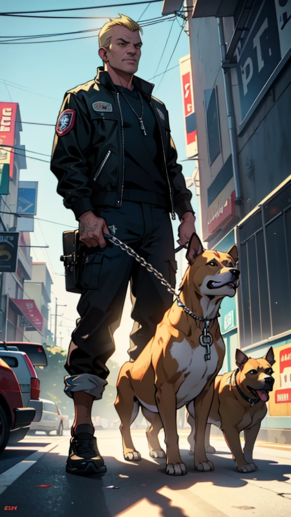 GTAV Loading Screen 2D Graphics, wide angle, whole body, blonde girl standing , holding a chiwawa and a pitbull on a chain with a leash, GTA5 character, cinematographic composition, in front of a city, shadow, bright cinematic lighting, soft contrast, GTA5 loading screen, gta art, 4K Wallpaper, 4K Wallpaper, high quality 4k wallpaper, gta loading screen graphics, arte the fan, art of rockstar games