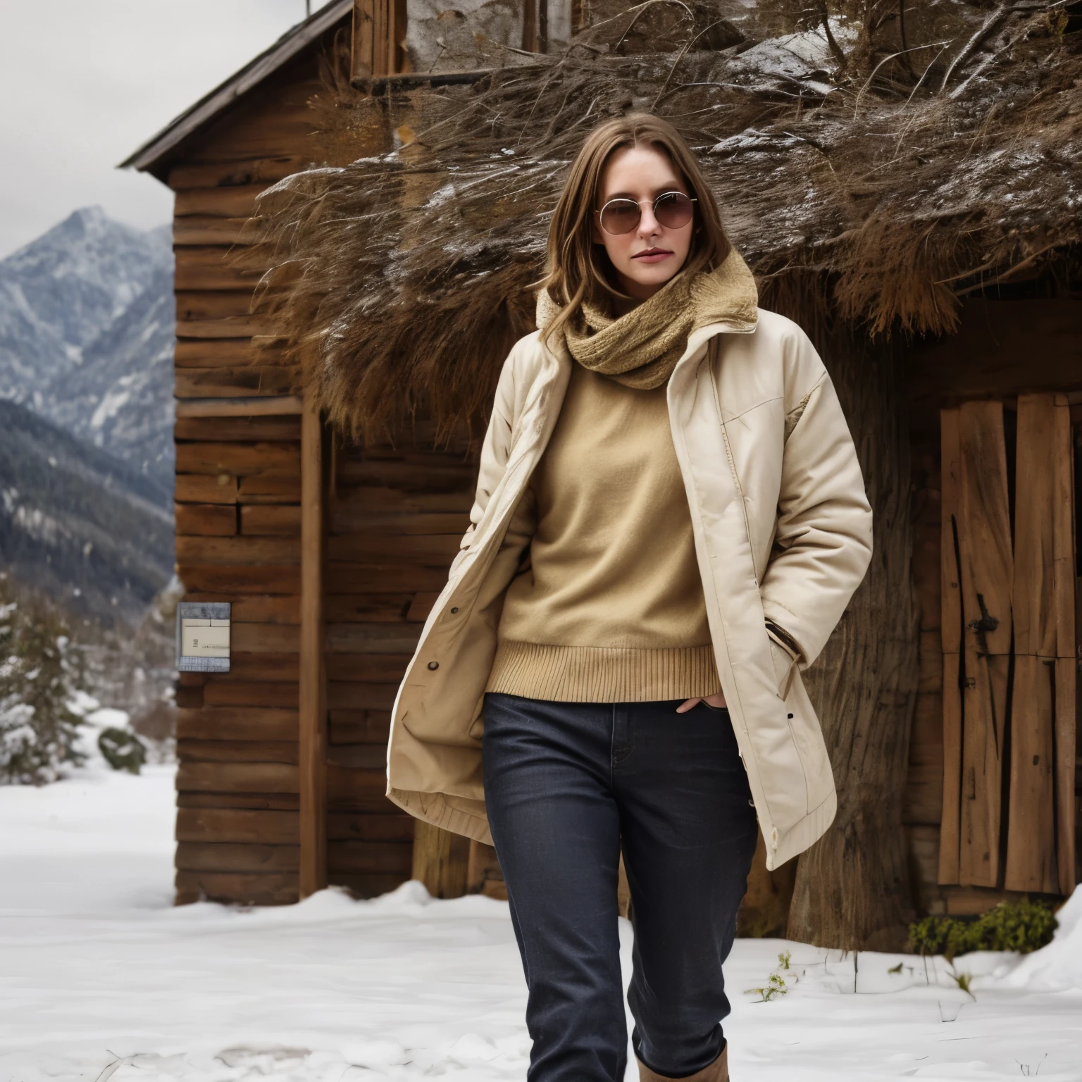 Now, envision Woman LaGermania in worn and dilapidated winter attire amidst the snowy Italian Alps. Her coat, once a deep forest green, is now faded and patched, with frayed fur trim hanging unevenly. It sags on her shoulders, losing its former elegance and warmth. Underneath, she wears a bulky sweater, pilled and stretched from years of wear, its ivory color now dull and mottled. Her trousers are baggy and worn at the knees, lacking the sleekness and refinement of their former days. The boots she wears are scuffed and worn, their once-sturdy leather cracked and weather-beaten, failing to protect against the cold. Accessories include mismatched gloves, one missing fingers and the other with unraveling seams, a faded scarf with frayed edges, and scratched sunglasses that obscure rather than protect. Her hair is windblown and tangled, contrasting sharply with the pristine snow around her, highlighting the neglect and disrepair of her outfit.