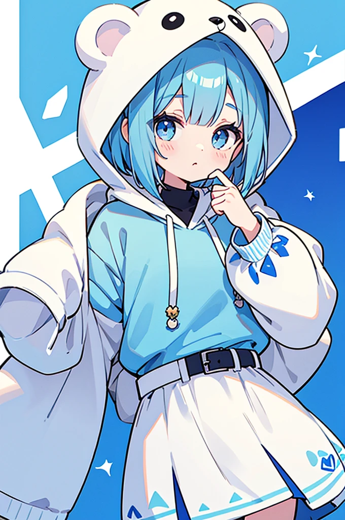 He is wearing a white hoodie with bear ears on the hood.、Light blue eyes、Light blue bob cut、The clothes come with a badge.。White skirt and blue belt、Calm girl