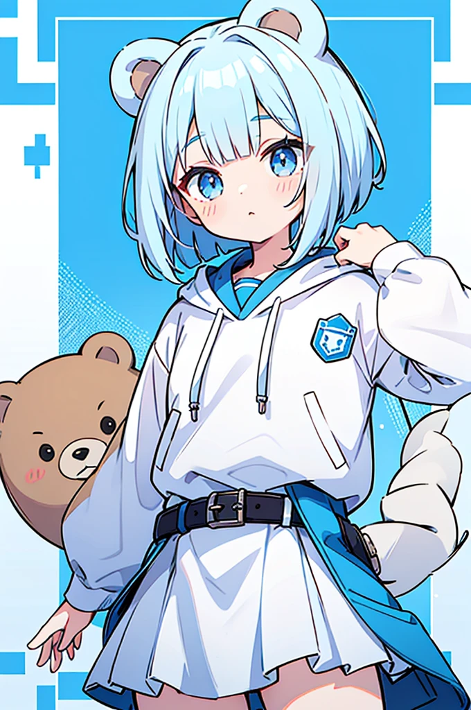 He is wearing a white hoodie with bear ears on the hood.、Light blue eyes、Light blue bob cut、The clothes come with a badge.。White skirt and blue belt、Calm girl