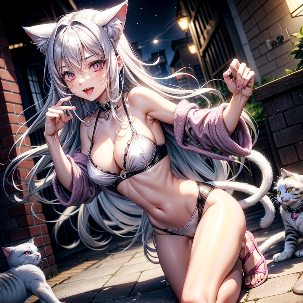 Silver hair, pink eyes, body, cat ears, woman, happy face, pet cat, cats in background, cats