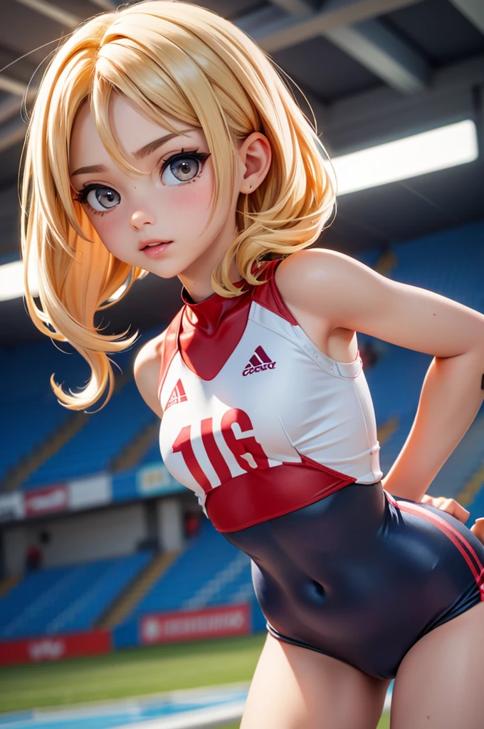 hyperrealistic  american teen, blonderfect tiny body, sexy, dark makeup, perfect slim face, big red lips, very cute face, tiny body, big eyes, young looking, childish looking, training clothes, running