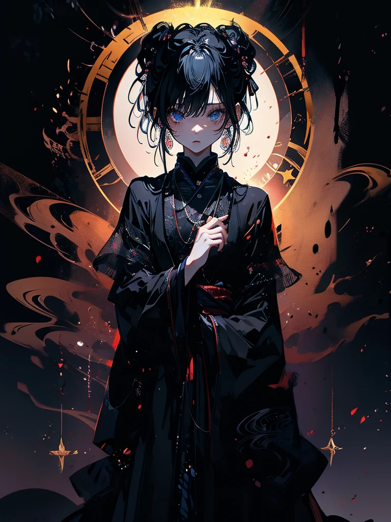 なドレスを着ています、エッチです、25-year-old girl、Rune background、black magician、Wearing a black robe、mesmerize、cute woman、Elegant hairstyle、indigo hair color、Slightly shorter hair、blue eyes、look at the viewer、masterpiece、Best image、