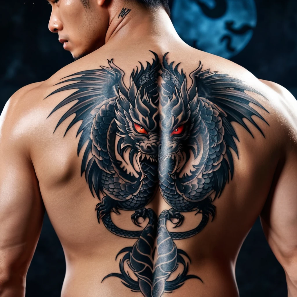 a close up of a man with a tattoo on his back, trending on cgsociety art, akira from chinese mythology, devinart, from kenshin, fullbody commission for, dramatic backgroung, hyperrealisticâ, dragon! man, photo - real, trending on artstaton, dramatic lightin, asian descent, style of aenami alena, jesse mccree