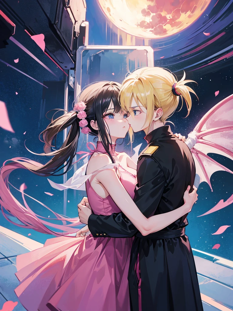 A couple of friends hugging in an emotional farewell atmosphere, next to a spaceship. The boy is tall and adult, with black hair and black eyes, wearing a Dragon Ball Z style battle suit. The girl is tall and has blonde hair, blue eyes, and has two pigtails falling over her shoulders decorated with pink ribbons. She wears a pink jumpsuit dress. The art should capture the iconic style of Dragon Ball Z, with an atmosphere that reflects the emotion and sadness of the moment of farewell.