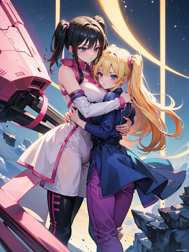 A couple of friends hugging in an emotional farewell atmosphere, next to a spaceship. The boy is tall and adult, with black hair and black eyes, wearing a Dragon Ball Z style battle suit. The girl is tall and has blonde hair, blue eyes, and has two pigtails falling over her shoulders decorated with pink ribbons. She wears a pink jumpsuit dress. The art should capture the iconic style of Dragon Ball Z, with an atmosphere that reflects the emotion and sadness of the moment of farewell.