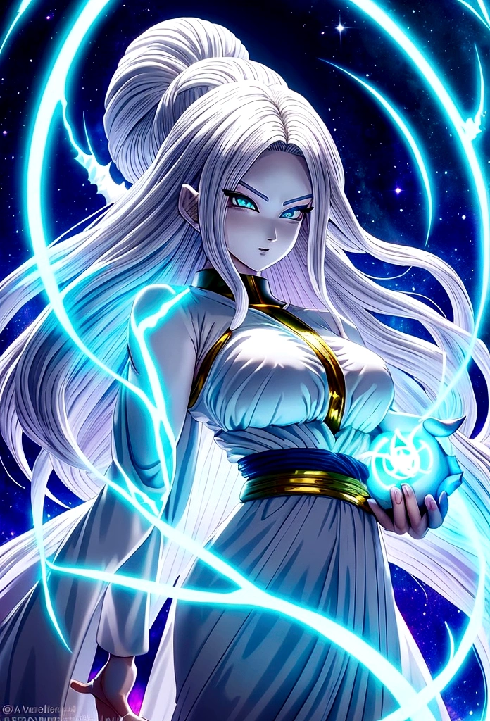 Dragon Ball Goddess stunningly beautiful woman with long, flowing hair that seems to shimmer with arcane energy. Her eyes glow with an otherworldly light, and intricate magical runes adorn her skin, pulsing softly with power. She wears a form-fitting attire that blends mystic symbols and modern elegance, reflecting her timeless nature.