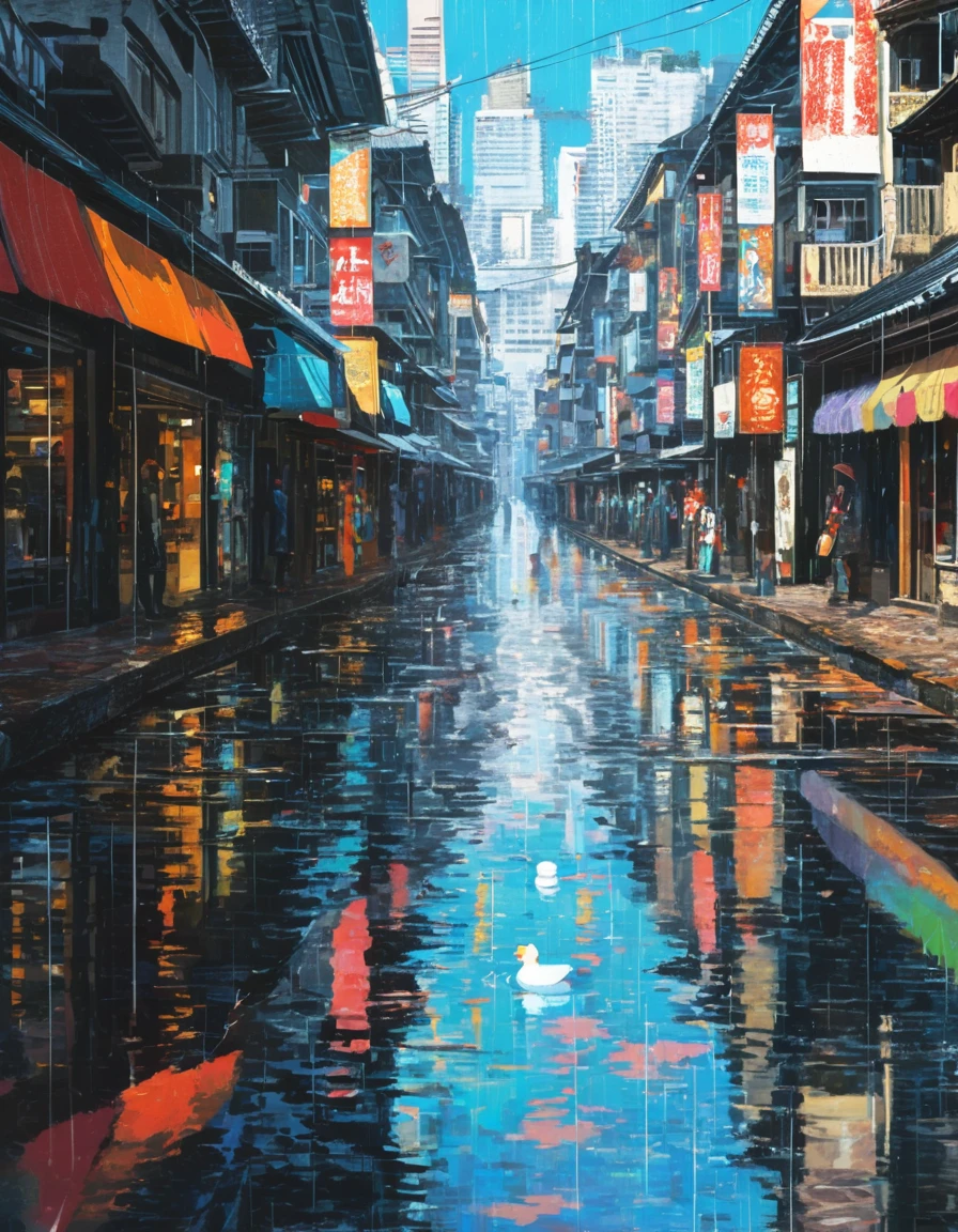 ultra-detailed:1.3, ultra delicate and detailed scenery:1.3, (absurdres, texture, masterpiece), Pop art, art brut, by John Berkey, focus on puddles, tonalism, pixiv contest winner,((Super multiple exposure effect where the background can be seen through the scenery)), beautiful afternoon scene with light rain in rainy season, the puddles forming on the asphalt ground quietly, There are some ripples on the puddles:1.2, Many brightly colorful modern buildings are reflecting beautiful scenery. Giant sized duck toy has an umbrella. A few sunny dolls known as Teruteru bozu are hanging from eaves. People with umbrellas are walking through traditional shopping streets and people without umbrellas are quickly returning home. ,more detail XL,