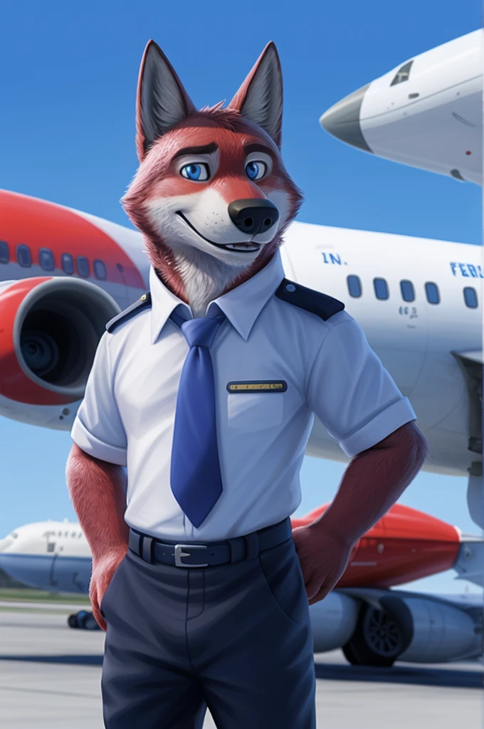 Ivan Fedorovich Wolfbach (Novosibirsk) ,высокий Beautiful, wolf,young, 24 years, brown fur,Kind,(red body:1.3),beautiful blue eyes,Novosibirsk,dressed,civil aviation pilot uniform,White shirt,epaulets командира, черный tie, trousers,airline pilot, commander's cap, trousers,canine, wolf, detailed fur, male, second, paw pads, finger claws,At the viewer, 5 fingers, paws, 5 fingers, smile, wrist watch, т nextel,by xenoforge, (difficult, high detail, digital photography, soft focus, RAW,goes for a walk, ,Very close to the camera,airport,Novosibirsk, smile, good mood, positive, Very close to the camera,without hair, epaulets captain, shoulder straps yellow stripe 4,
Photorealism, realistic, photorealistic, digital style, Subsurface scattering,I look at the viewer,стоит White shirt, epaulets, captain, trousers, tie, next to a Boeing 747 400 plane,smile, teeth, Beautiful,
masterpiece, Best quality, ultra realistic, 8 thousand.)