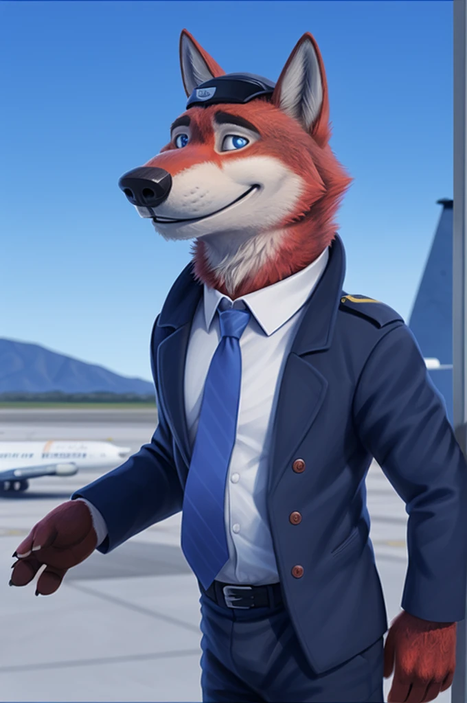 Ivan Fedorovich Wolfbach (Novosibirsk) ,высокий Beautiful, wolf,young, 24 years, brown fur,Kind,(red body:1.3),beautiful blue eyes,Novosibirsk,dressed,civil aviation pilot uniform,White shirt,epaulets командира, черный tie, trousers,airline pilot, commander&#39;s cap, trousers,canine, wolf, detailed fur, male, second, paw pads, finger claws,At the viewer, 5 fingers, paws, 5 fingers, smile, wrist watch, т nextel,by xenoforge, (difficult, high detail, digital photography, soft focus, RAW,goes for a walk, ,Very close to the camera,airport,Novosibirsk, smile, good mood, positive, Very close to the camera,without hair, epaulets captain, shoulder straps yellow stripe 4, 
Photorealism, realistic, photorealistic, digital style, Subsurface scattering,I look at the viewer,стоит White shirt, epaulets, captain, trousers, tie, next to a Boeing 747 400 plane,smile, teeth, Beautiful, 
masterpiece, Best quality, ultra realistic, 8 thousand.)