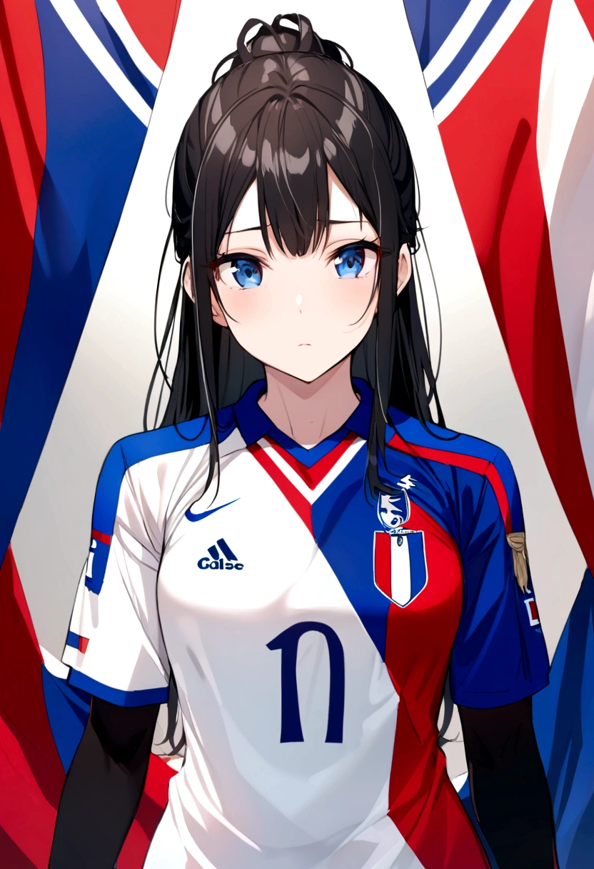 (anime ,2D) a female soccer player of average height ,clear skin,thin face ,blue eyes,black hair with white highlights ,fringe,france national team uniform,