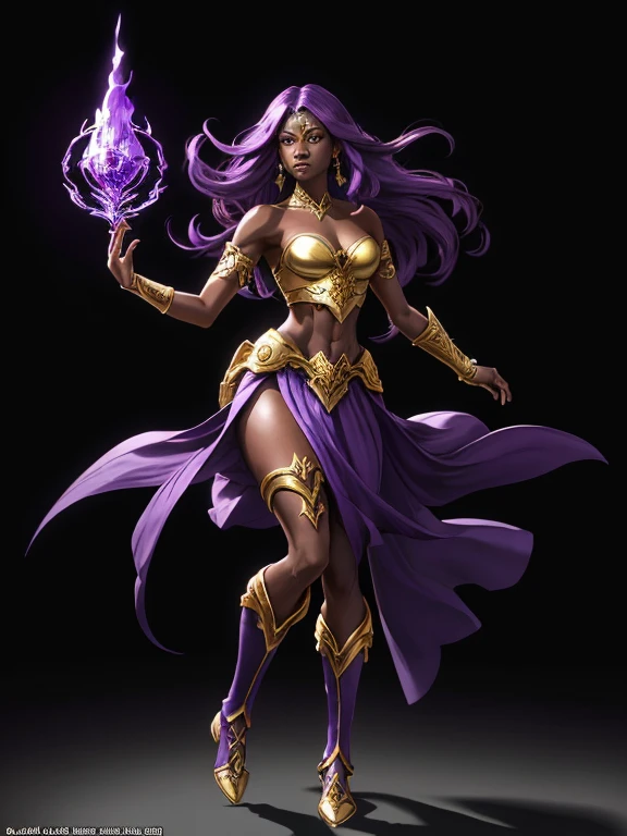 Video Game character, Sorceress, 25 years old, dark skin, dark skinned female, long purple hair, purple eyes, purple lips, purple eyeliner, covered in tattoos, (Wearing: strapless top, loincloth, golden bracelets1.2). Whole body, Casual pose, Beautiful pose, (Extremely detailed CG 8k wallpaper), (Extremely delicate and beautiful), (Masterpiece), (Best quality: 1.0), (Ultra-high resolution: 1.0), Beautiful lighting, Perfect lighting, Realistic shadows, [high resolution], Detailed skin, Super detailed (((Colorful))), Digital art, Fire Emblem concept art, full body concept art, Expert concept art with high detail, concept-art, rpg game concept art, concept-art, Yusuke Kozaki style, Video game concept art, 4K, full body portrait
