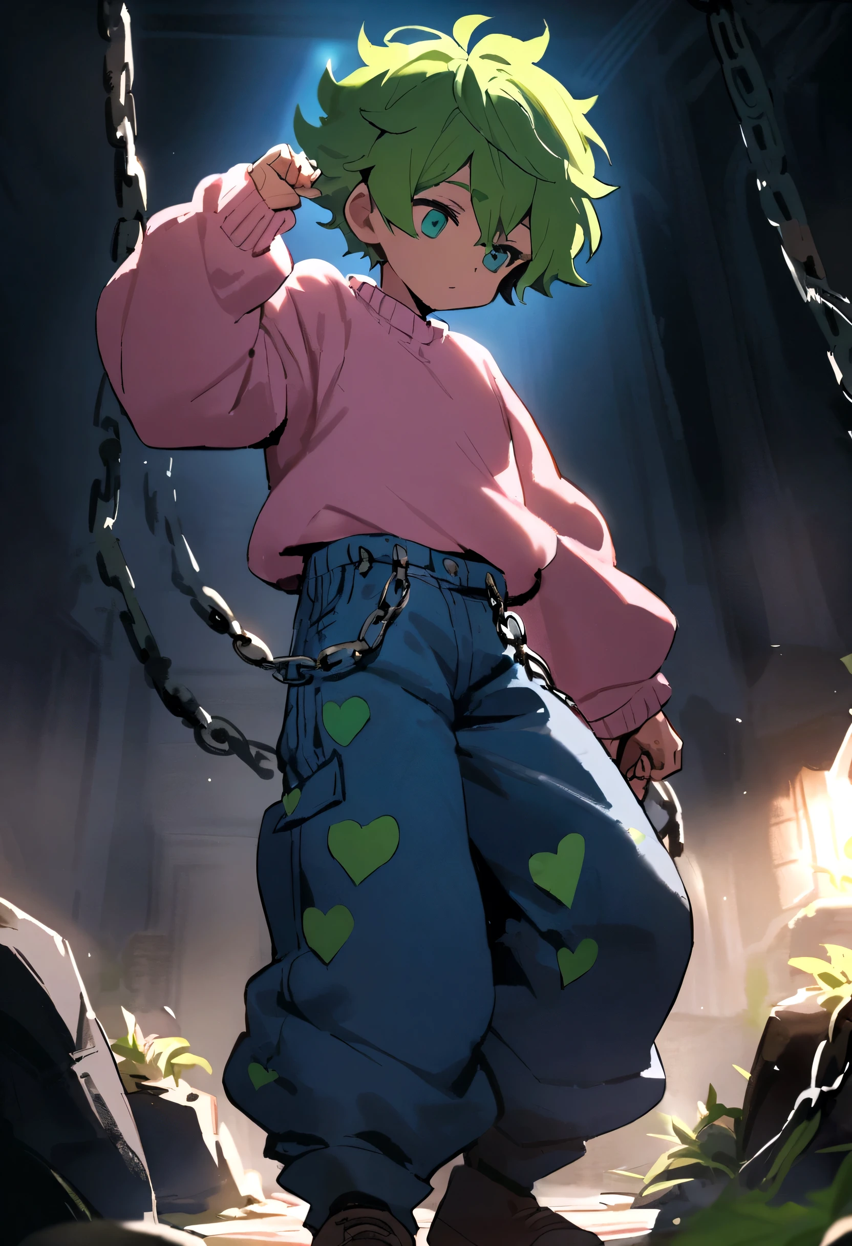 anme  boy with green fluffy hair wearing baggy blue jeans and has a pink sweater with green and blue hearts on it has chains on his pants 