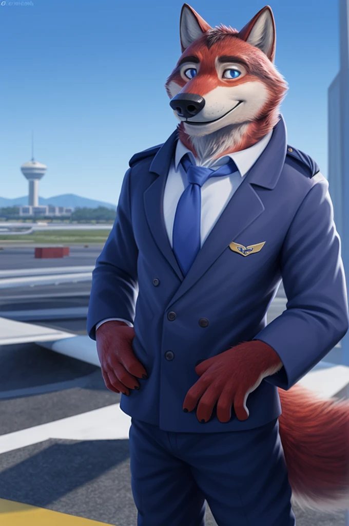 Ivan Fedorovich Wolfbach (Novosibirsk) ,высокий Beautiful, wolf,young, 24 years, brown fur,Kind,(red body:1.3),beautiful blue eyes,Novosibirsk,dressed,civil aviation pilot uniform,White shirt,epaulets командира, черный tie, trousers,airline pilot, commander&#39;s cap, trousers,canine, wolf, detailed fur, male, second, paw pads, finger claws,At the viewer, 5 fingers, paws, 5 fingers, smile, wrist watch, т nextel,by xenoforge, (difficult, high detail, digital photography, soft focus, RAW,goes for a walk, ,Very close to the camera,airport,Novosibirsk, smile, good mood, positive, Very close to the camera,without hair, epaulets captain, shoulder straps yellow stripe 4, 
Photorealism, realistic, photorealistic, digital style, Subsurface scattering,I look at the viewer,стоит White shirt, epaulets, captain, trousers, tie, next to a Boeing 747 400 plane,smile, teeth, Beautiful, 
masterpiece, Best quality, ultra realistic, 8 thousand.)
