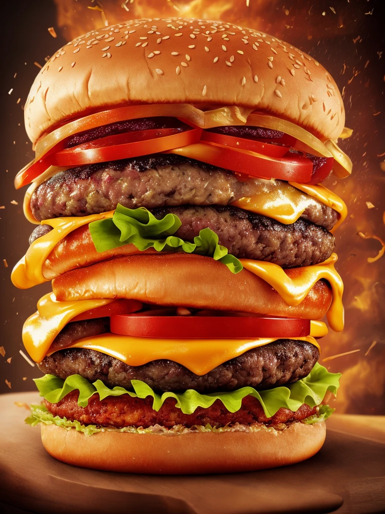 A burger falling in pieces juicy, tasty, hot, promotional photo, intricate details, hdr, cinematic, adobe lightroom, highly detailed
