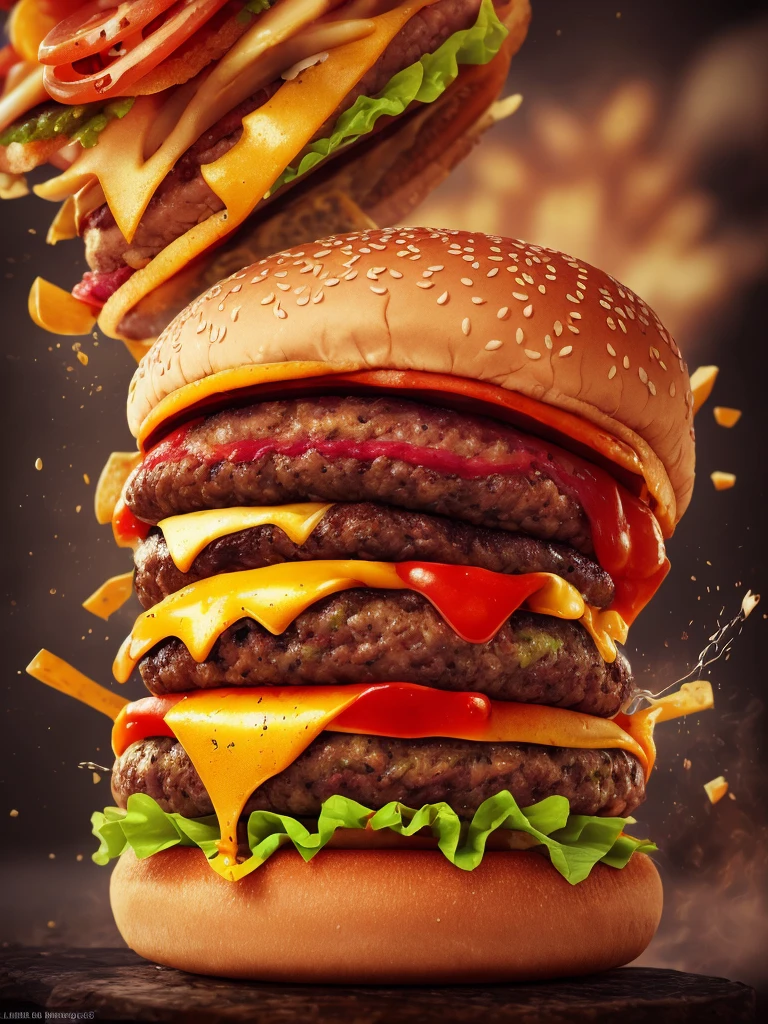 A burger falling in pieces juicy, tasty, hot, promotional photo, intricate details, hdr, cinematic, adobe lightroom, highly detailed