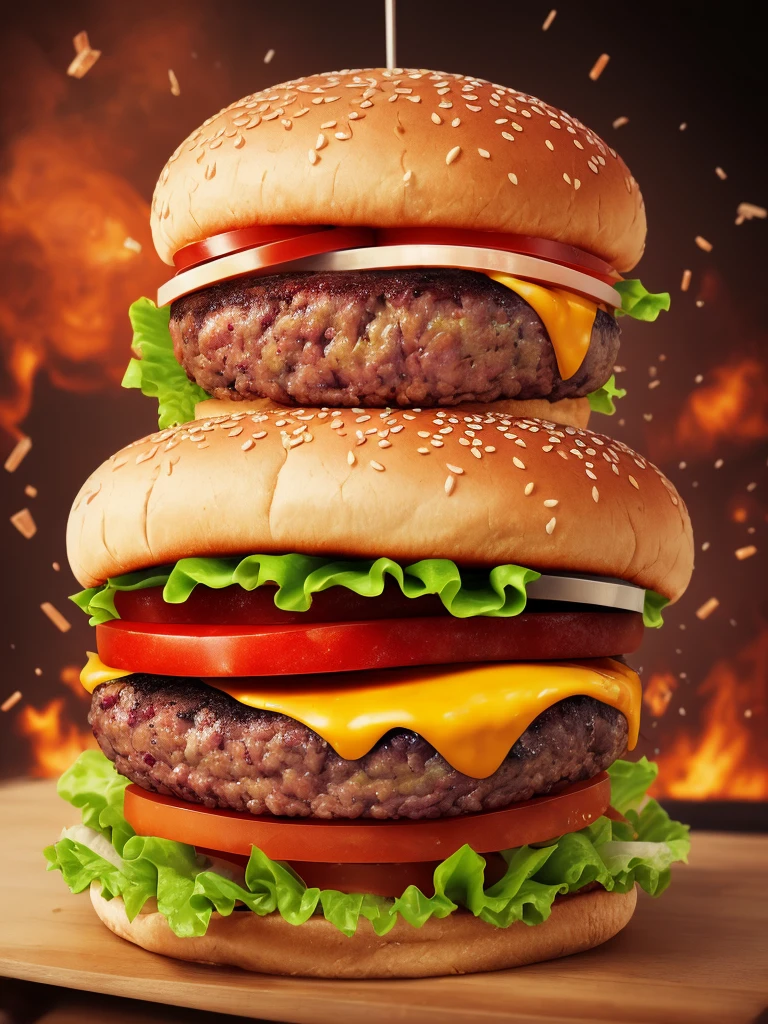 A burger falling in pieces juicy, tasty, hot, promotional photo, intricate details, hdr, cinematic, adobe lightroom, highly detailed