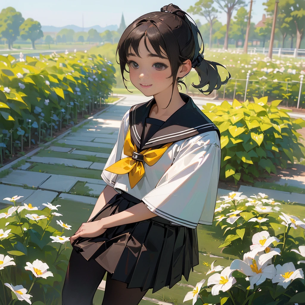 (Highest quality, High resolution, Very detailed, Realistic:1.37), Peaceful atmosphere, (Outdoor, garden), age girl standing alone, Beautiful and detailed features, Cute Smile, ((Black ponytail)),Short-sleeved sailor uniform, Pleated skirt,Black tights,Brown leather shoes.
