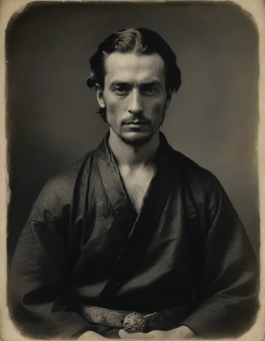 Masterpiece, best quality, by Théodore Géricault, ((((Rough monochrome, daguerreotype on old paper, male focus)))), the composition is: (((a young male nobleman, sullen, facing viewer. Tattoos, His face is tattooed. He is wearing a black silken robe with samurai elements, sashes, medals, diamond shape symbology, moth symbology, jungle background))).