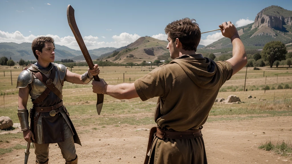 Make an art, a young 18 year old boy, with old clothes, a beige cloak, with brown leather belt, boy with brown hair, boy is shaking a saddlebag, boy David from the Bible is throwing a stone with a slingshot, boy has his back to the camera and in the background there is a giant man in a gladiator outfit, this giant is nervous, the giant is very angry, giant with frowning face, giant towards the camera, giant is standing, giant with a sword in his hand, They are in a field and there is a mountain in the background, they will fight. 6k, 4K, hoolywood, biblical, david and goliath, guerra entre david and goliath da Bíblia, imagine David's fight with Goliath. Draw a biblical illustration of the battle between David and Goliath.