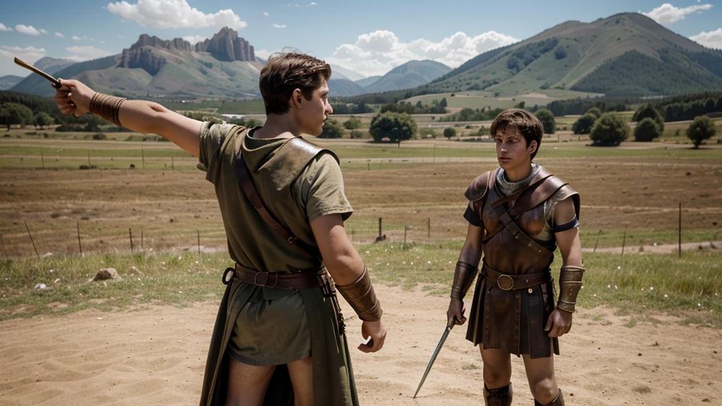 Make an art, a young 18 year old boy, with old clothes, a beige cloak, with brown leather belt, boy with brown hair, boy is shaking a saddlebag, boy David from the Bible is throwing a stone with a slingshot, boy has his back to the camera and in the background there is a giant man in a gladiator outfit, this giant is nervous, the giant is very angry, giant with frowning face, giant towards the camera, giant is standing, giant with a sword in his hand, They are in a field and there is a mountain in the background, they will fight. 6k, 4K, hoolywood, biblical, david and goliath, guerra entre david and goliath da Bíblia, imagine David's fight with Goliath. Draw a biblical illustration of the battle between David and Goliath.