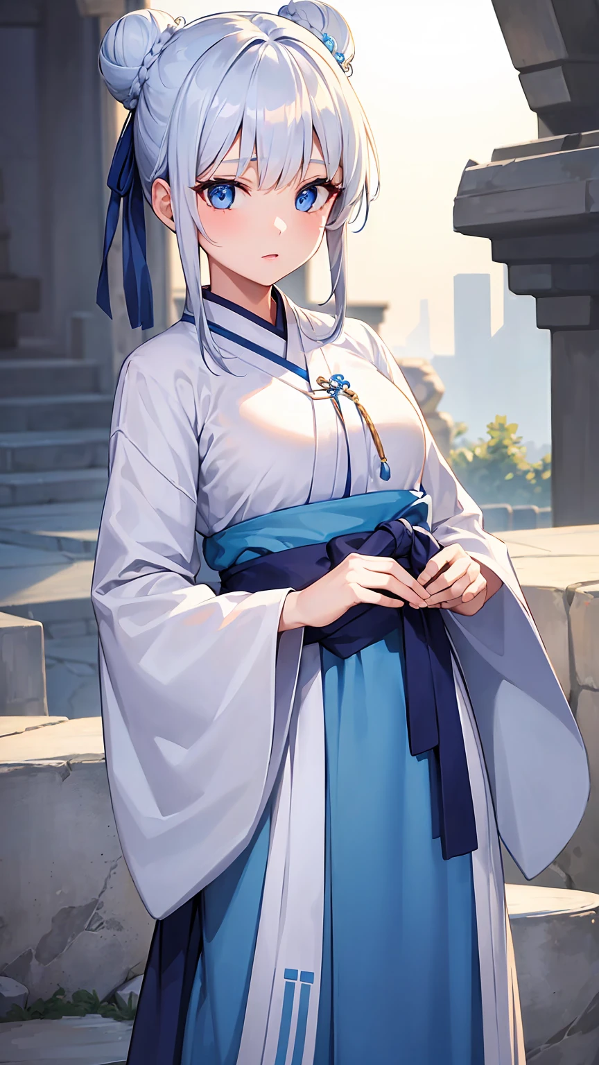Girl1,cowboy shot,round face,blue eyes,white hair,double bun hairstyle,(Traditional hanbok costume for women),highly detailed, 8k