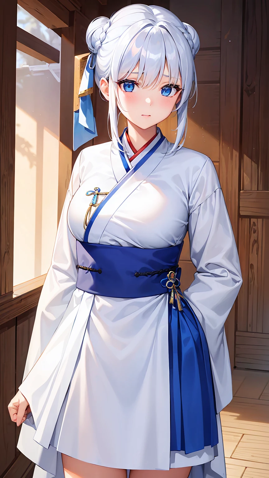 Girl1,cowboy shot,round face,blue eyes,white hair,double bun hairstyle,(Traditional hanbok costume for women),highly detailed, 8k