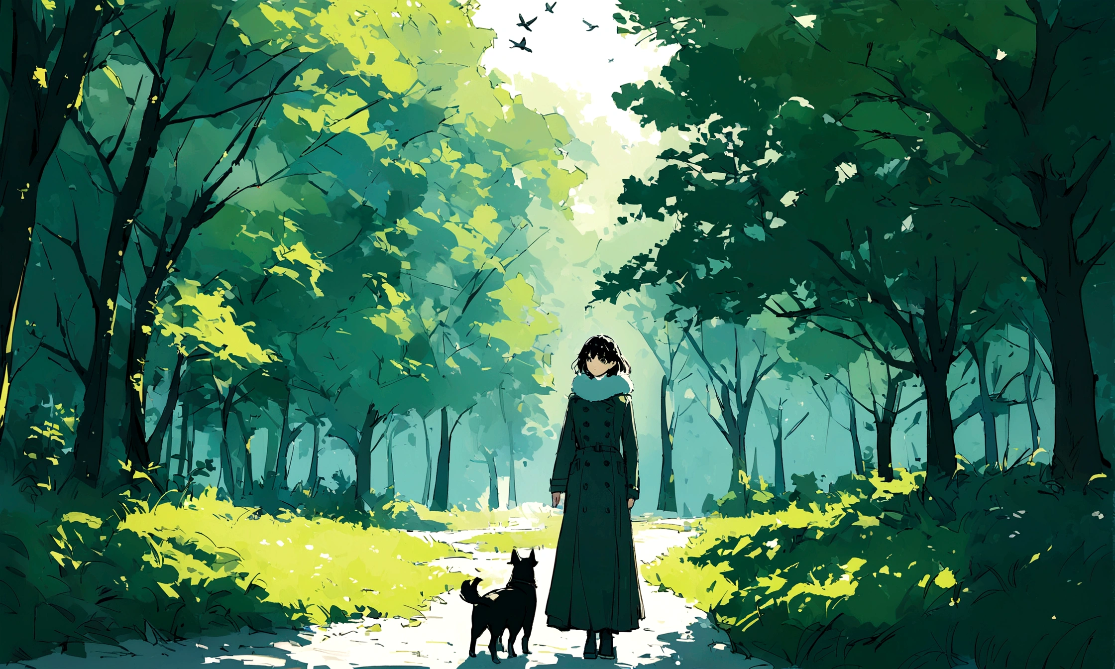 girl with dog, 20 years old,medium hair, blackw, glare eyes, medium chest, glad,pea coat,fluffy scarf,longskirt ,plein-air, green forest, birds, best qualityer, high resolution, extremely detaild, detailed back ground, perfect lighting