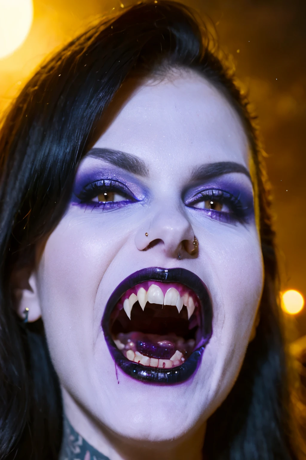 Generate a hyper-realistic image that employs the shallow depth of field technique, Head and sholders portrait to highlight a pretty goth (((vampire))) girl, ((open mouth with vampire canine teeth)) , perfect teeth, wearing a gothic dress, ((cut hair with fringe)), tattooed, ((heavy makeup)) , at ((night in a creepy cemitery)) setting, (((under the moonlight))). The girl should be the focal point, with crisp clarity, while the background of the forest should be gently blurred to create a bokeh effect. (((black roses In the foreground))) should be visible but blurred, adding depth to the composition.", adding depth to the composition. Sony Alpha A7R III, macros lens , f/5.6. ((Cinematic purple and pink Lighting)) .