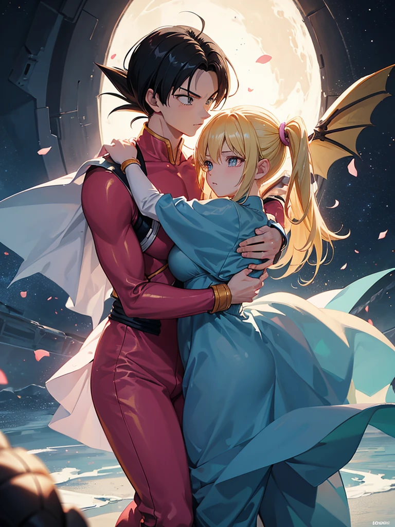 A couple of friends hugging in an emotional farewell atmosphere, next to a spaceship. The boy is tall and adult, with black hair and black eyes, wearing a Dragon Ball Z style battle suit. The girl is tall and has blonde hair, blue eyes, and has two pigtails falling over her shoulders decorated with pink ribbons. She wears a pink jumpsuit dress. The art should capture the iconic style of Dragon Ball Z, with an atmosphere that reflects the emotion and sadness of the moment of farewell.