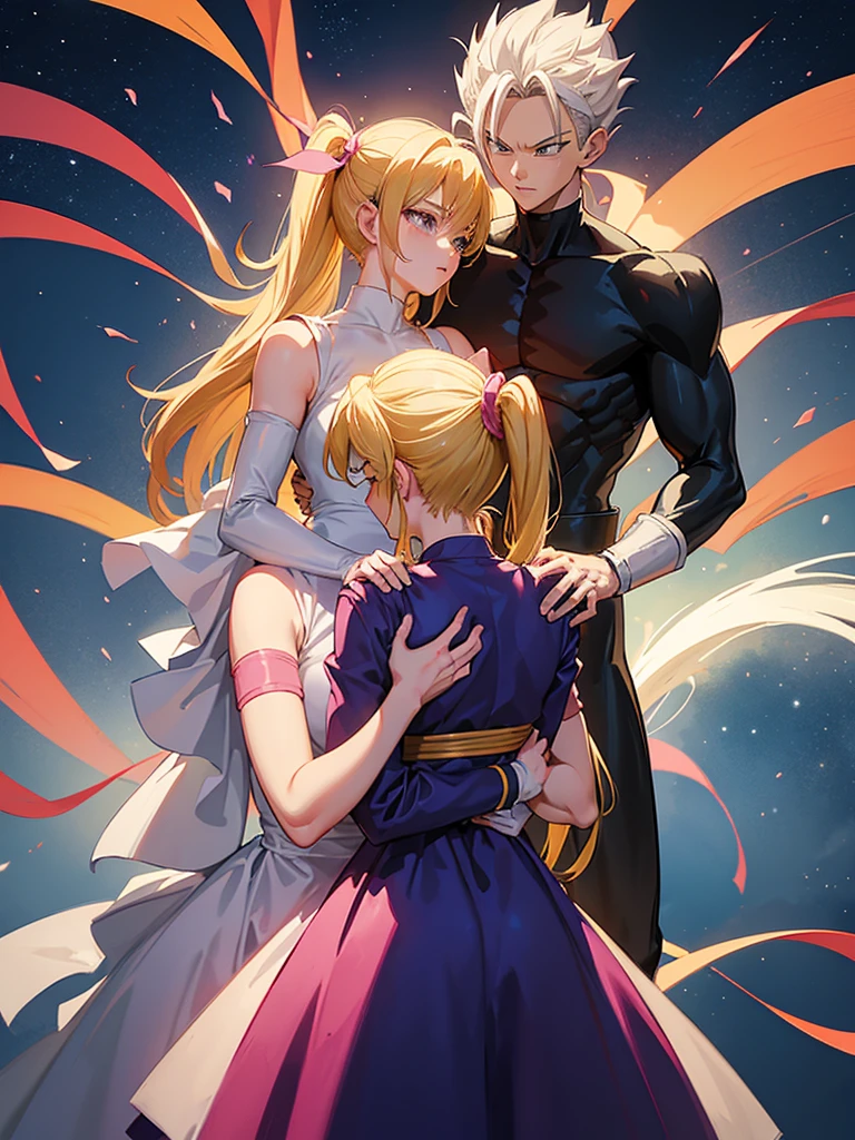 A couple of friends hugging in an emotional farewell atmosphere, next to a spaceship. The boy is tall and adult, with black hair and black eyes, wearing a Dragon Ball Z style battle suit. The girl is tall and has blonde hair, blue eyes, and has two pigtails falling over her shoulders decorated with pink ribbons. She wears a pink jumpsuit dress. The art should capture the iconic style of Dragon Ball Z, with an atmosphere that reflects the emotion and sadness of the moment of farewell.