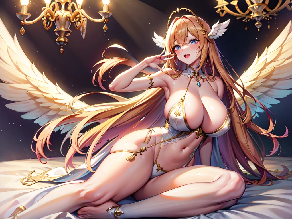 最high quality, high quality, 8K、High resolution,Highest quality、solo、Lying in bed、Beautiful body、白いビキニを着ているtallのadult female angel、胸にある大きな白い翼が特徴的なadult female angel、Thighs、tall、super Wide Angel, Open Mouth Smile、Thighs、Naturally Shaped Fingers、Long neck、from the front、Background of a bright room with a chandelier、belly button、Blonde hair and blue eyes、Majestic Angel, Anime Goddess, Wide Angel, thick, Beautiful and attractive anime woman, Huge and stunning goddess shots, Angel Adult Woman, adult female angel, She has angel wings on her back,Highly detailed goddess shot