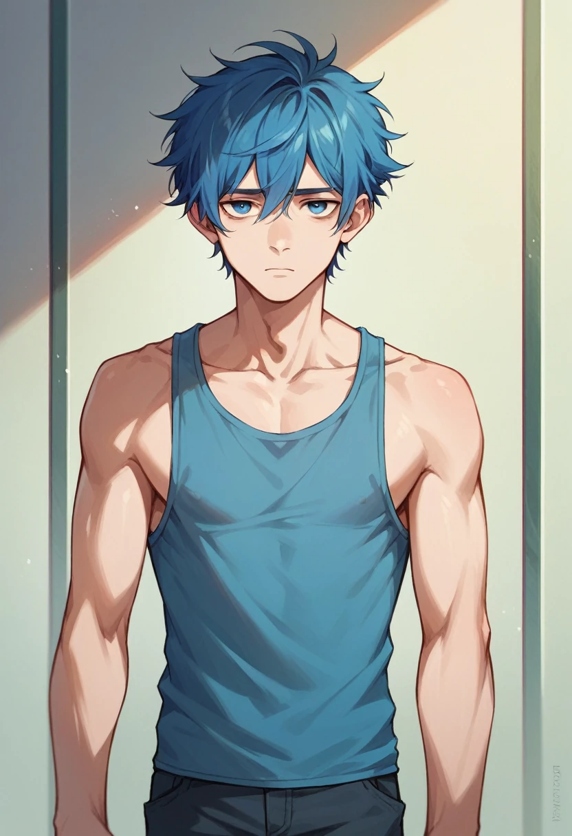 Masterpiece, best quality, 1man, Pale skin, Short fluffy blue hair, Tired blue eyes with slight bags underneath, Slender build, male, Casual clothes, adult, looking at viewer, flusteredand shy 