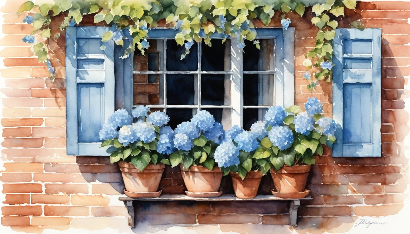 An watercolor illustration of a quaint window with light blue shutters, set in a rustic brick wall. The window has sheer white curtains softly billowing, partially obscured by an abundance of lush, vibrant blue hydrangeas in terracotta pots. The scene is bathed in soft, natural light, enhancing the serene atmosphere.