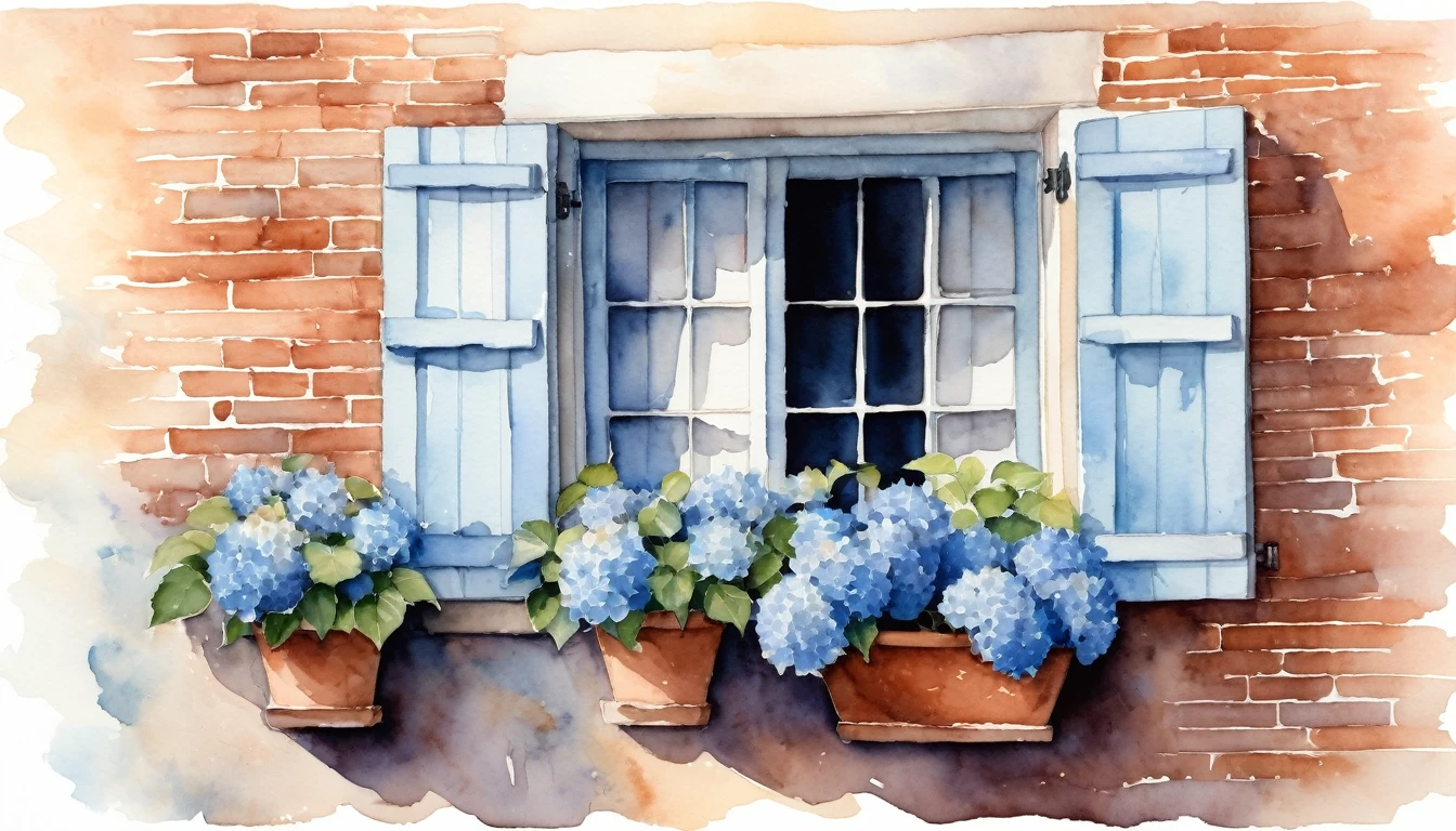 An watercolor illustration of a quaint window with light blue shutters, set in a rustic brick wall. The window has sheer white curtains softly billowing, partially obscured by an abundance of lush, vibrant blue hydrangeas in terracotta pots. The scene is bathed in soft, natural light, enhancing the serene atmosphere.