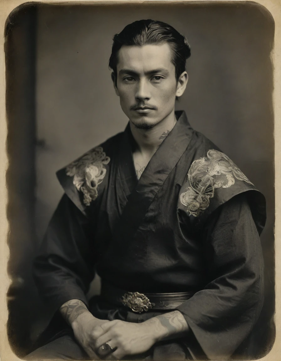 Masterpiece, best quality, ((((Rough monochrome, daguerreotype on old paper, male focus)))), the composition is: (((a young male nobleman, sullen, facing viewer. Tattoos, His face is tattooed. He is wearing a black silken robe with samurai elements, sashes, medals, diamond shape symbology, moth symbology, jungle background))).