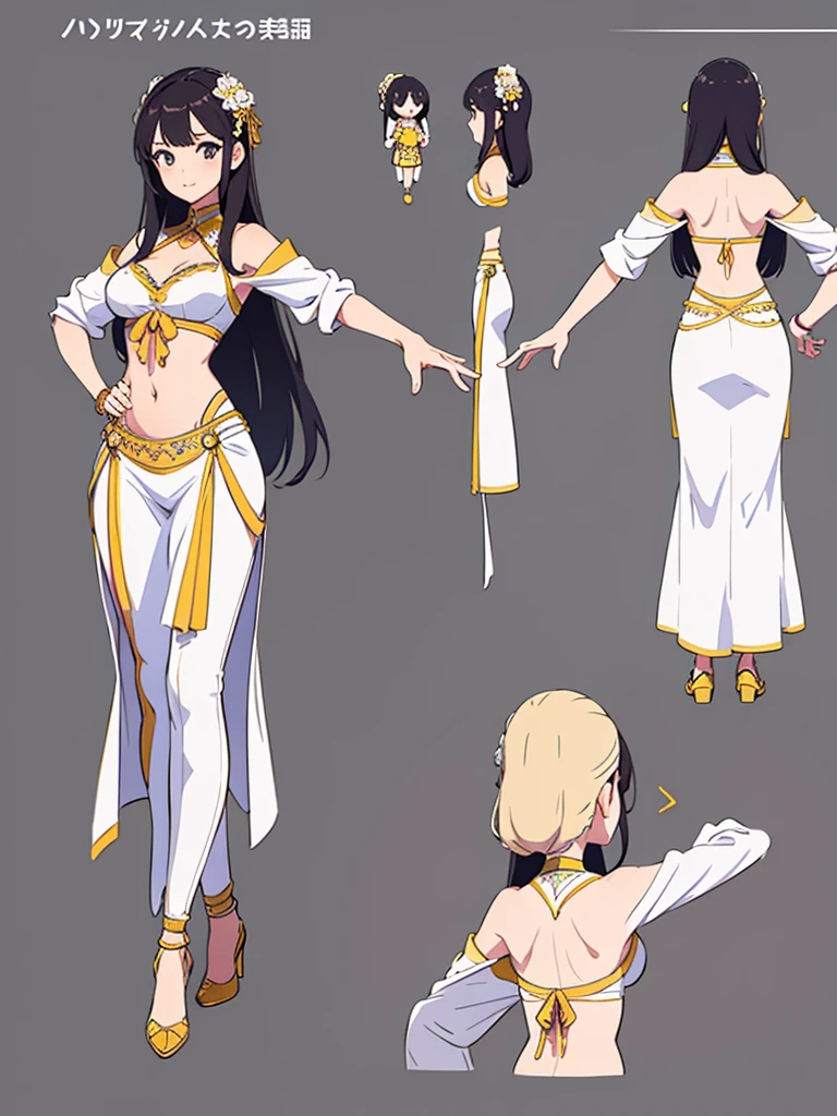 cute, standing lady, three view drawing, front and back and side,full body,simple background,dancer,long hair