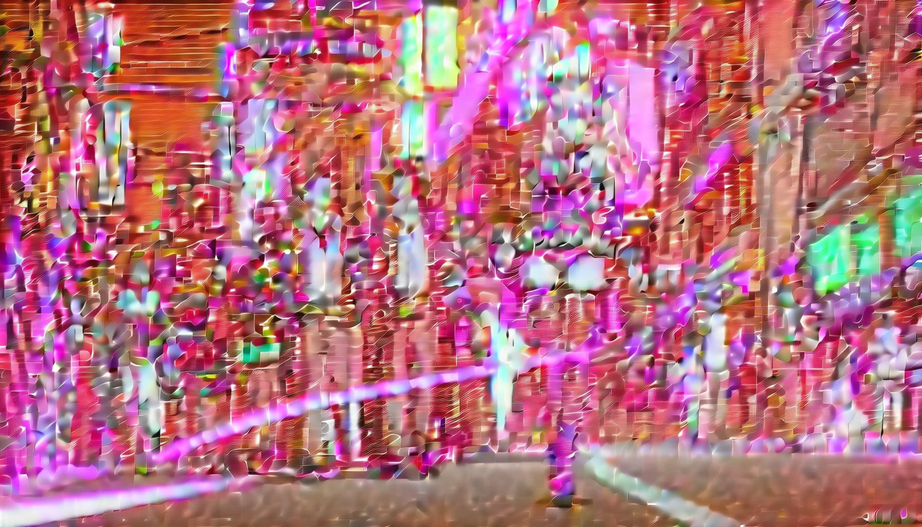A girl dressed as a courtesan, teenager, one person, full body, cyberpunk, red eyes, glowing eyes, neon street, courtesan procession