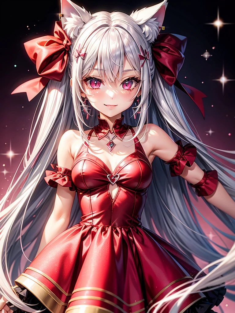 Silver hair, pink eyes, body, cat ears, woman, earrings, sparkle background, red clothes, diamond hair bows, happy face