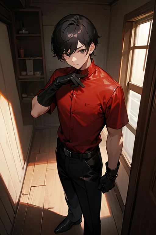 (man)black short hair(red shirt)Young man, black eyes, black slacks Black leather gloves, night, washed house, old room, half body image 
