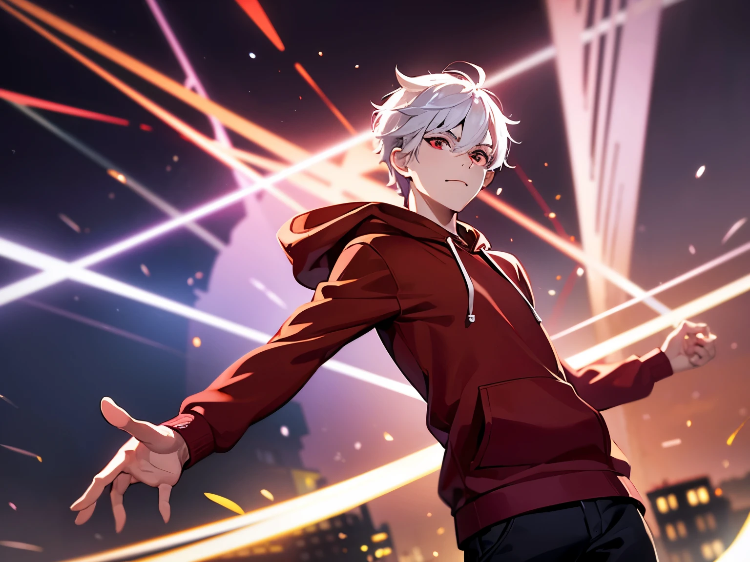 A young man with short white hair, red eyes. Wearing a red hoodie with purple details. He is standing, looking to the side. On a center of a city. without one hand. Dungeons and Dragons art direction, studio ghibli Style